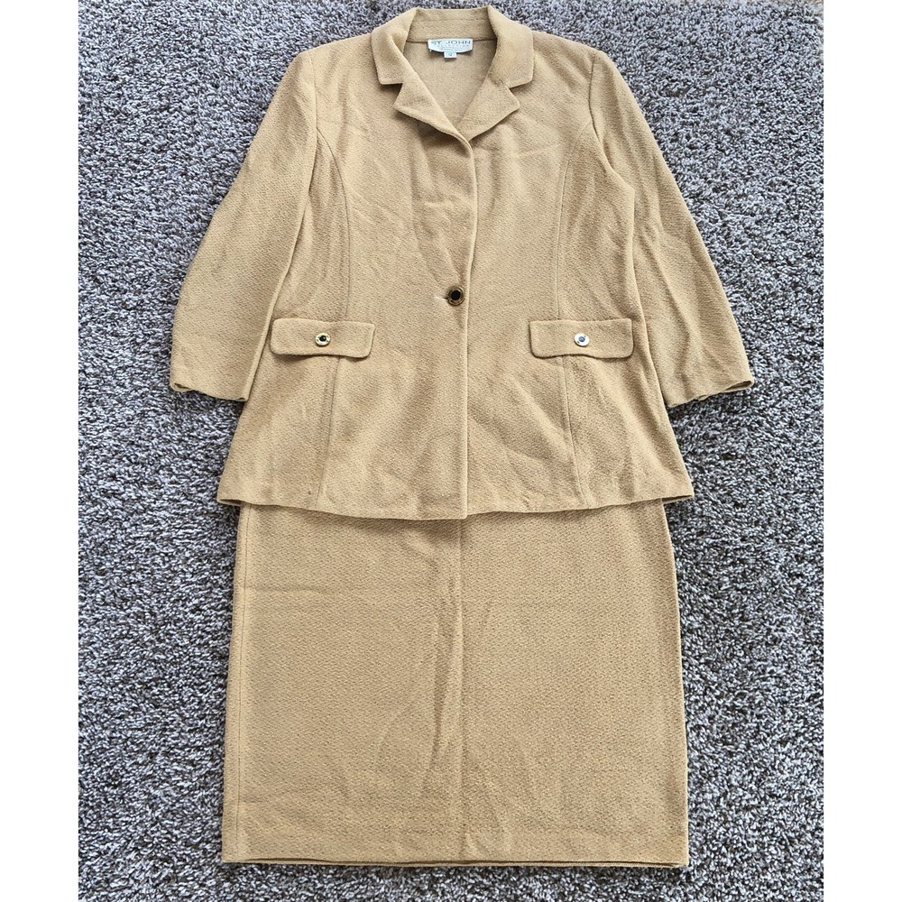 St John Collection 2 Piece Knit Blazer Skirt Set Womens Size 10/12 Khaki Tan USA